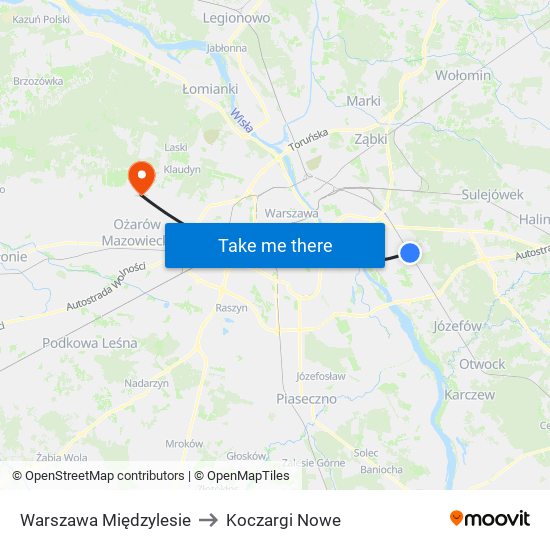 Warszawa Międzylesie to Koczargi Nowe map