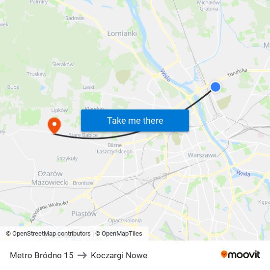 Metro Bródno 15 to Koczargi Nowe map