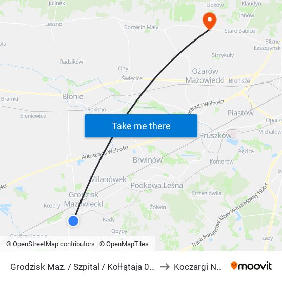 Grodzisk Maz. / Szpital / Kołłątaja 01 (Nż) to Koczargi Nowe map