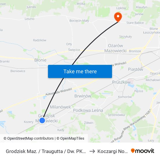 Grodzisk Maz. / Traugutta / Dw. PKP to Koczargi Nowe map