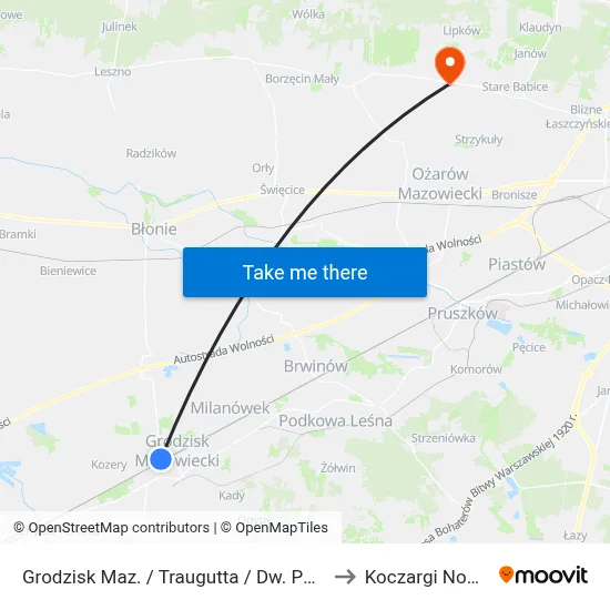 Grodzisk Maz. / Traugutta / Dw. PKP to Koczargi Nowe map