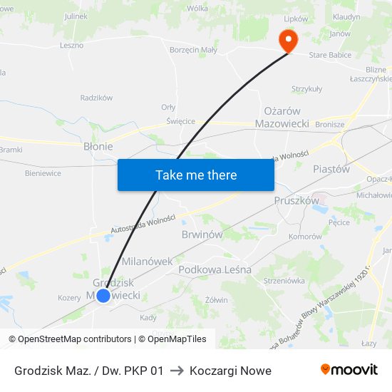 Grodzisk Maz. / Dw. PKP 01 to Koczargi Nowe map