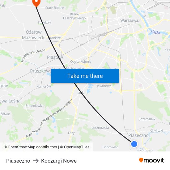 Piaseczno to Koczargi Nowe map