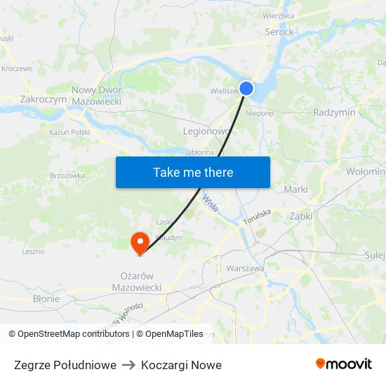 Zegrze Południowe to Koczargi Nowe map