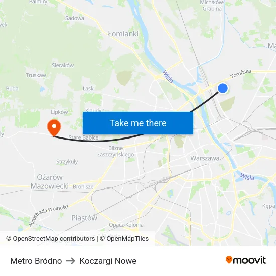 Metro Bródno to Koczargi Nowe map