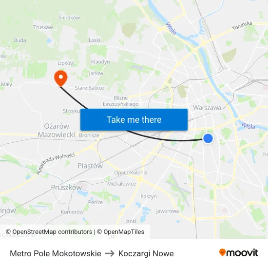 Metro Pole Mokotowskie to Koczargi Nowe map