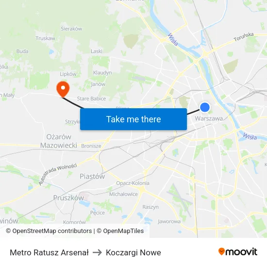 Metro Ratusz Arsenał to Koczargi Nowe map