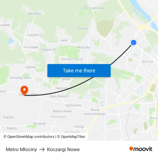 Metro Młociny to Koczargi Nowe map