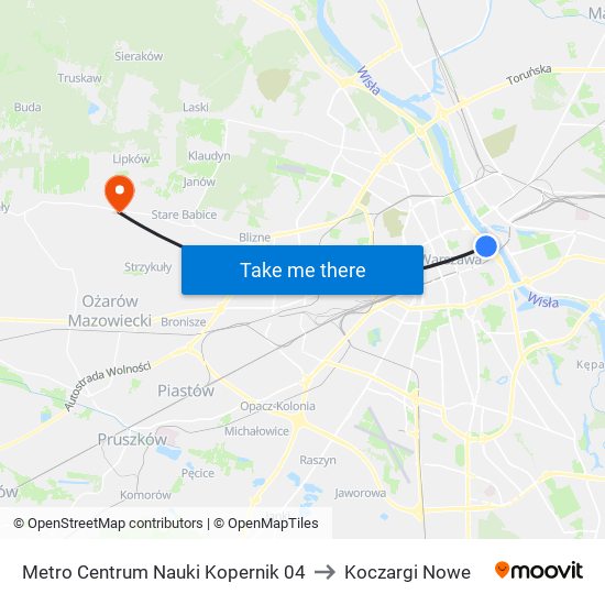 Metro Centrum Nauki Kopernik 04 to Koczargi Nowe map