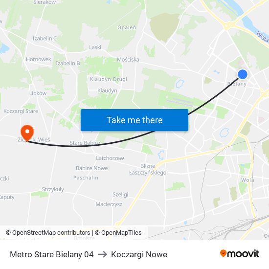 Metro Stare Bielany to Koczargi Nowe map