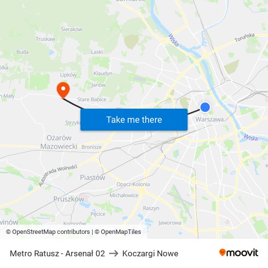 Metro Ratusz Arsenał to Koczargi Nowe map