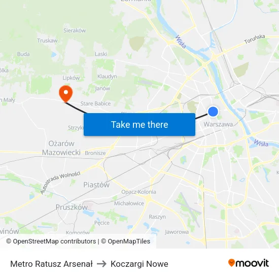 Metro Ratusz Arsenał to Koczargi Nowe map