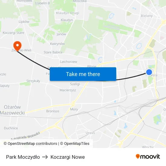 Park Moczydło to Koczargi Nowe map