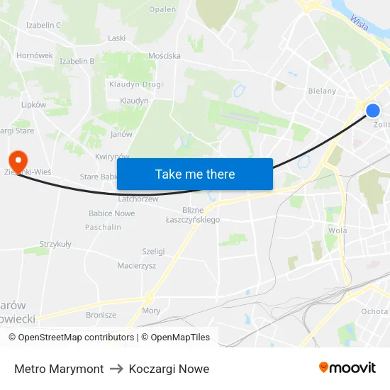 Metro Marymont to Koczargi Nowe map