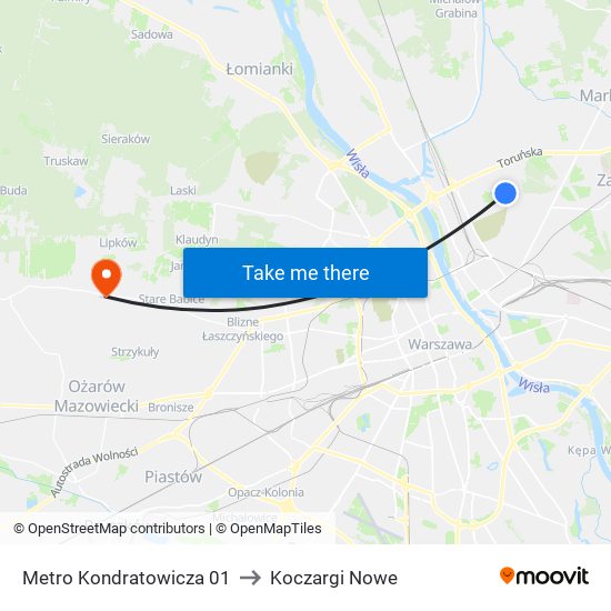 Metro Kondratowicza to Koczargi Nowe map