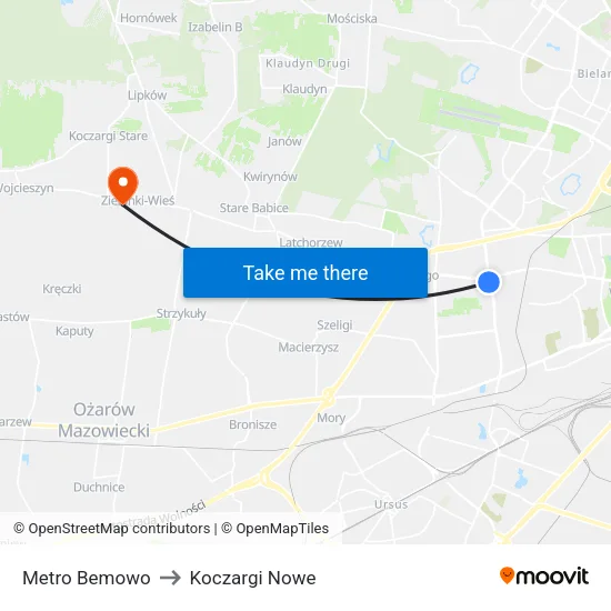 Metro Bemowo to Koczargi Nowe map