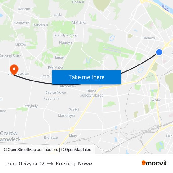 Park Olszyna to Koczargi Nowe map