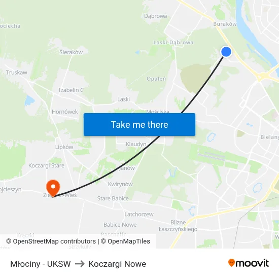 Młociny - UKSW to Koczargi Nowe map
