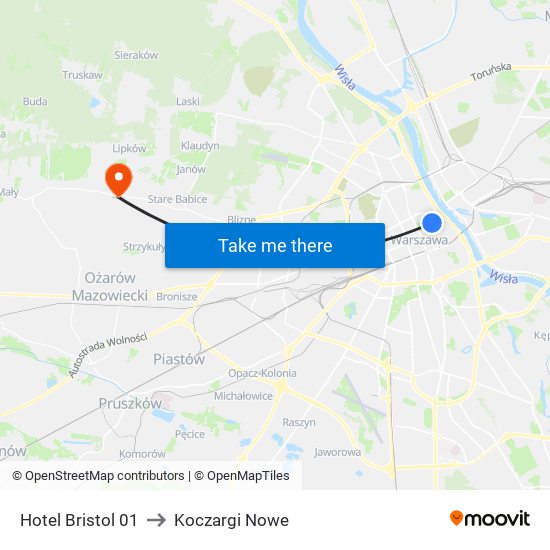 Hotel Bristol to Koczargi Nowe map