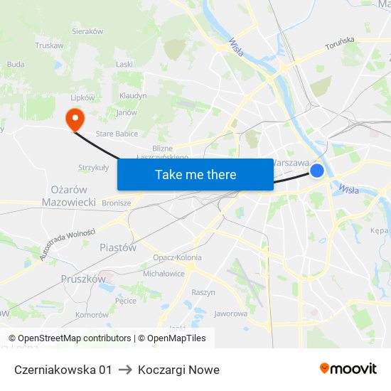 Czerniakowska 01 to Koczargi Nowe map