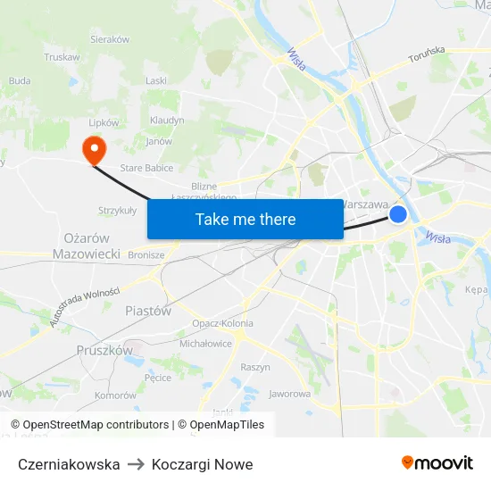Czerniakowska to Koczargi Nowe map
