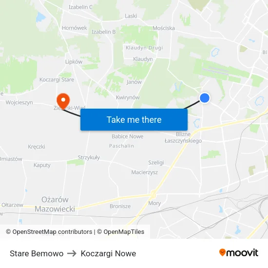 Stare Bemowo to Koczargi Nowe map