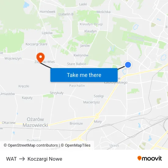 WAT to Koczargi Nowe map