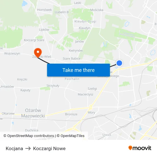 Kocjana to Koczargi Nowe map