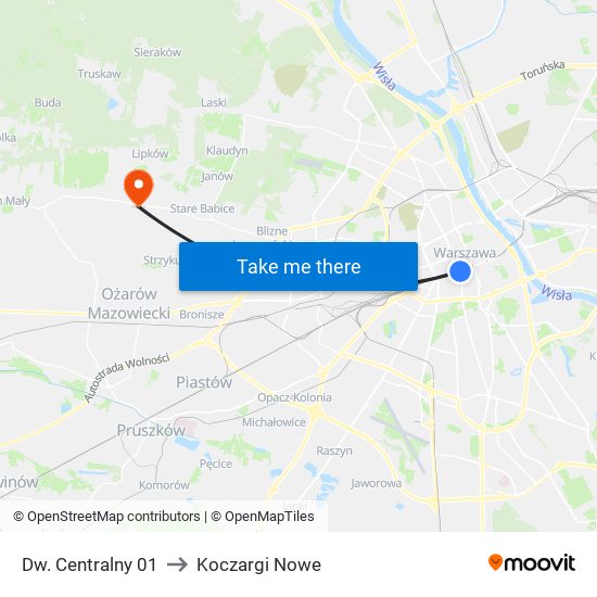 Dw. Centralny 01 to Koczargi Nowe map