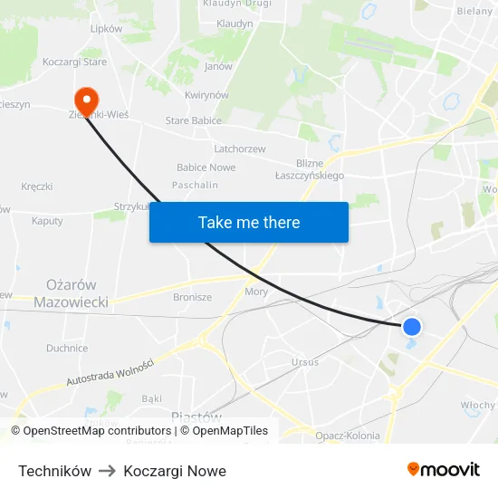 Techników to Koczargi Nowe map