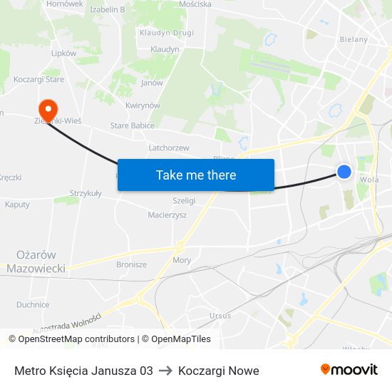 Metro Księcia Janusza to Koczargi Nowe map