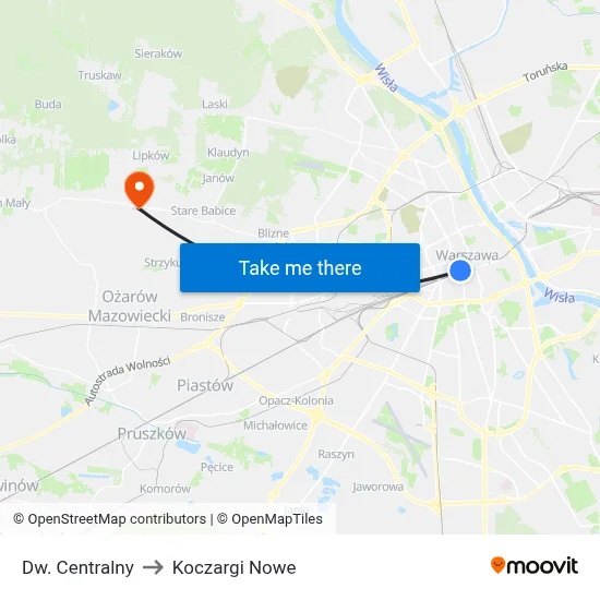 Dw. Centralny to Koczargi Nowe map