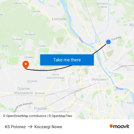 KS Polonez to Koczargi Nowe map