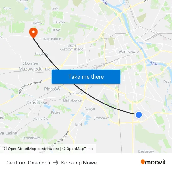 Centrum Onkologii to Koczargi Nowe map