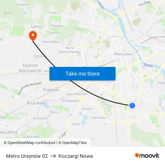 Metro Ursynów to Koczargi Nowe map