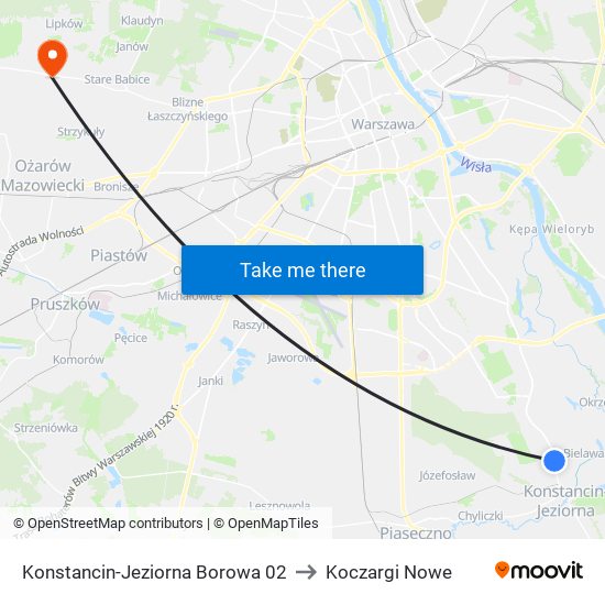 Konstancin-Jeziorna Borowa to Koczargi Nowe map