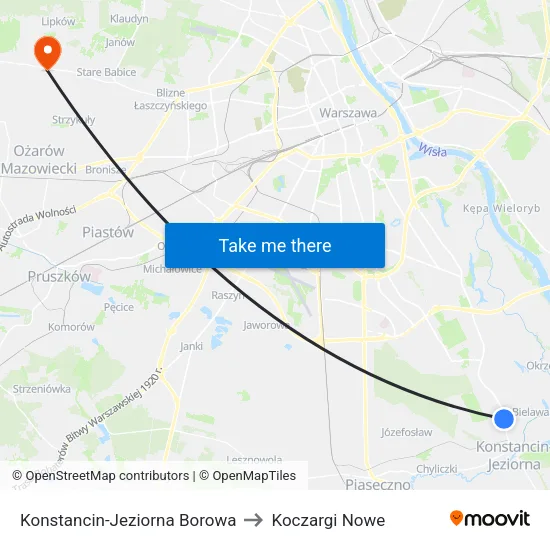 Konstancin-Jeziorna Borowa to Koczargi Nowe map