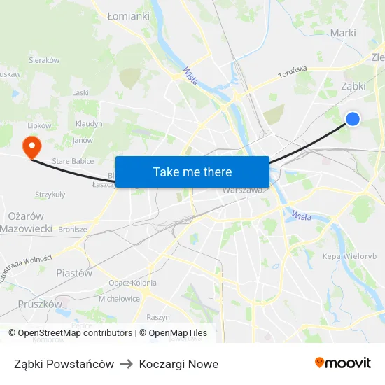 Ząbki Powstańców to Koczargi Nowe map