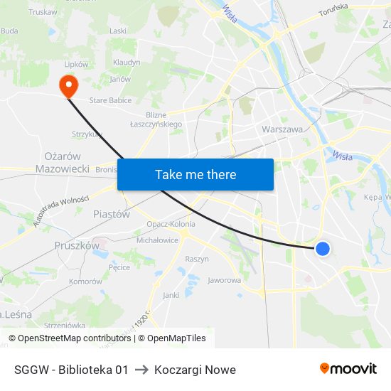 SGGW - Biblioteka 01 to Koczargi Nowe map