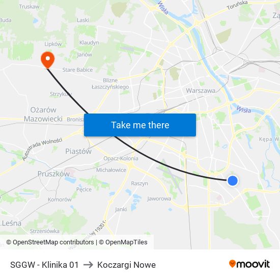 Sggw-Klinika to Koczargi Nowe map