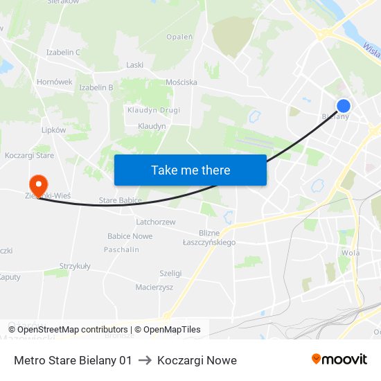 Metro Stare Bielany 01 to Koczargi Nowe map