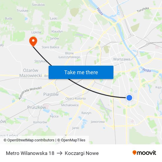 Metro Wilanowska to Koczargi Nowe map