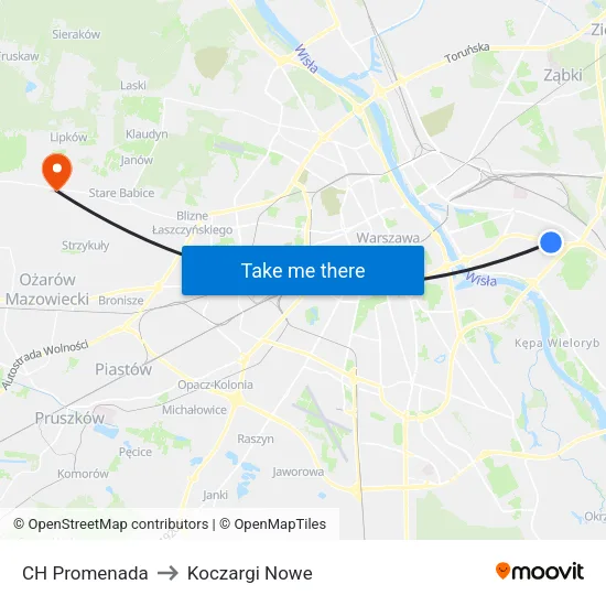 CH Promenada to Koczargi Nowe map