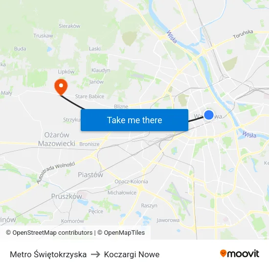 Metro Świętokrzyska to Koczargi Nowe map