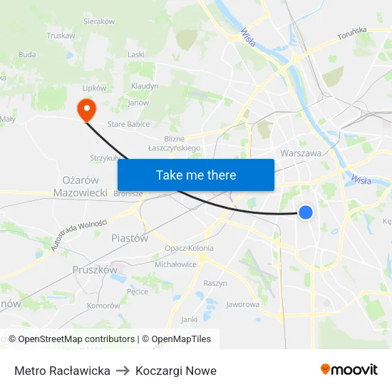 Metro Racławicka to Koczargi Nowe map