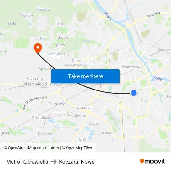 Metro Racławicka to Koczargi Nowe map