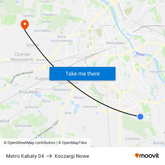 Metro Kabaty 04 to Koczargi Nowe map