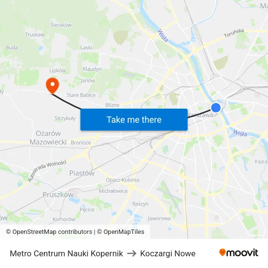 Metro Centrum Nauki Kopernik to Koczargi Nowe map