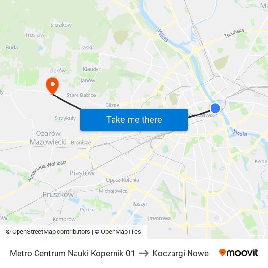 Metro Centrum Nauki Kopernik to Koczargi Nowe map