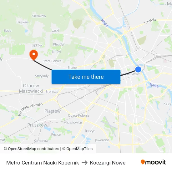 Metro Centrum Nauki Kopernik to Koczargi Nowe map